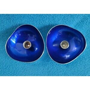 2 Vintage MEKA MADE IN DENMARK Blue Enamel Silver Plated Candleholders